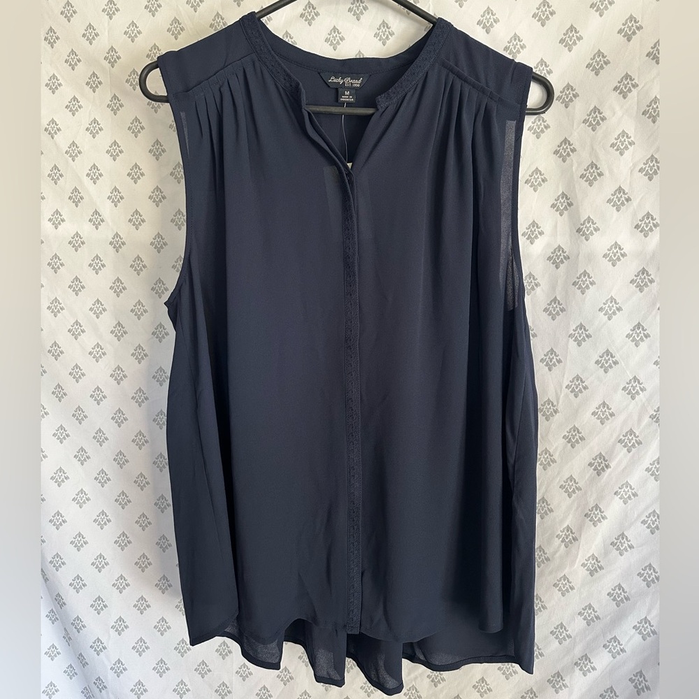 Lucky Brand Navy Relaxed Buttoned Sleeveless Split Neck Blouse